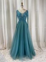 Robe de soirée bleu sarcelle perlée, col en V profond, manches longues avec broderie de cristaux lourds, robe de banquet de luxe coupe trapèze