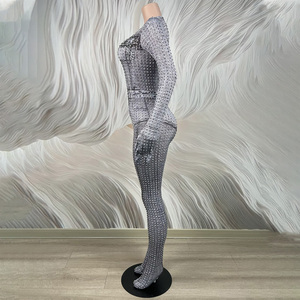 Body con Strass e Perline Argentate, <span class=keywords><strong>Tuta</strong></span> Intera da Donna, Costume Modellante a Maniche Lunghe per Pole Dance - Product Image 4