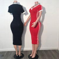 Huili Fabricant Logo personnalisé 100% coton noir tricoté modeste été col en V couleur unie à manches courtes Maxi robe rouge pour les femmes