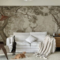 Papel Tapiz de Selva Tropical Estilo Francés Americano, Tela de Pared Estilo Nanyang de Mediados de Siglo, Mural Retro de Selva con Ciervos para Fondo de TV