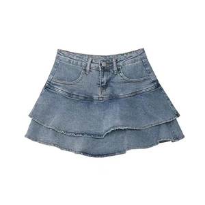Femmes été Vintage lavé décontracté Slim Denim Streetwear taille haute a-ligne Mini gâteau jean jupe plissée volants plaine teint - Product Image 1