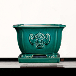 Pot à bonsaï en céramique, vert émaillé, fait main, en forme de chauve-souris, pour plantes de bureau - Product Image 4