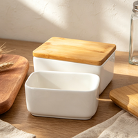 Conteneur de stockage alimentaire en céramique de 350 ml avec couvercle en bambou naturel, réutilisable, hermétique, boîte de rangement pour la cuisine, boîte organisatrice pour le beurre et le fromage