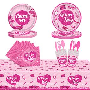 Pink Heart Party Tableware Set Disposable Plates <b>Cups</b> Napkins Forks Spoon Tablecloth Cartoon Style Party Supplies Kit - Product Image 1