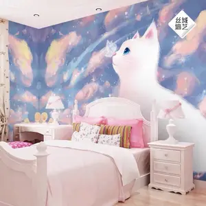 3d Cute cat cartoon children's room wall covering girls bedroom wall fabric living room wall background decoration