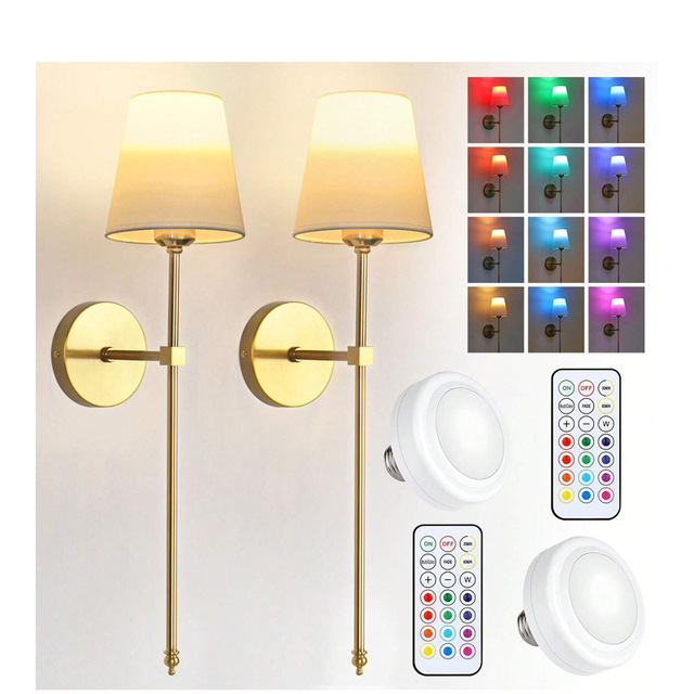 Set of 2 Gold Rechargeable LED Wall Sconces Cordless RGB Wireless Magnetic Sconce for Bedroom Mirror Lighting