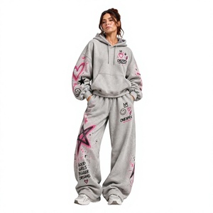 Women's Grey Graphic Printed <b>Hoodie</b> Tracksuit Set Oversized Wide Leg Jogger Pants <b>Pink</b> Streetwear Casual Sportswear Custom - Product Image 1