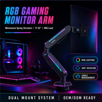 Support d'écran avec éclairage RGB personnalisable, bras à ressort, 17-32 pouces, VESA, hauteur réglable, support ergonomique à bras unique