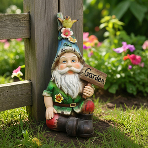 Gnomo Sentado con Letrero de "Jardín", Estatua de Resina con Pájaro <span class=keywords><strong>Amarillo</strong></span> y Flor para Decoración de Jardín y Patio Exterior - Product Image 1