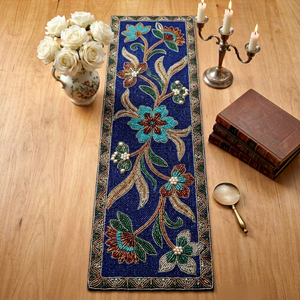 Handmade Luxury Traditional Chinese Floral Design Customized Shape Fabric <b>Table</b> Runner <b>Mat</b> <b>Blue</b> Green Gold Pattern Eco-Friendly - Product Image 1