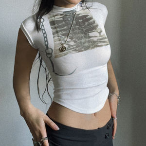 Camiseta Corta Y2K con Estampado de Esqueleto Oscuro para Mujer, Cuello Alto, Manga con Volantes, Corte Ajustado, Top Corto Sexy - Product Image 2