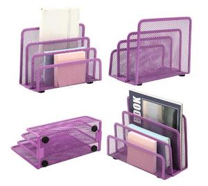 Desk Mail <b>Organizer</b> <b>File</b> Holder Letter Sorter with 3 Vertical Upright Metal Mesh Paper <b>Organizer</b> for Home Office Desktop Purple - Product Image 4