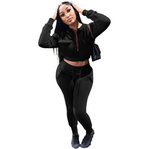 Logo personnalisé pour femmes broderie haut court et <span class=keywords><strong>pantalon</strong></span> de jogging ensemble solide fermeture éclair à capuche survêtement vêtements de sport décontracté deux pièces conception - Product Image 2