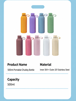 Botella de Agua con Aislamiento al Vacío de Doble Pared de Acero Inoxidable 304 de 500 ml, con Asa Flexible, Mantiene la Temperatura de 12 a 24 Horas, Taza de Regalo