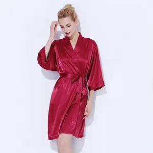 3019 Großhandel Günstige Seiden roben Kimono Langarm Fleck Nachtwäsche Plain Dyed Brautjungfer Open Front Robe für Frauen Nachtwäsche