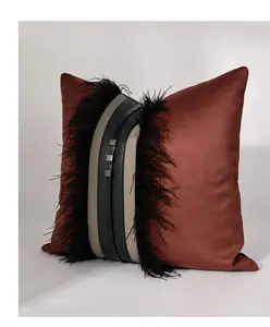 AIBUZHIJIA Luxury Cushion Covers Decorative Home High End Decorative Pillow Cover With Black Ostrich Feather Decoration