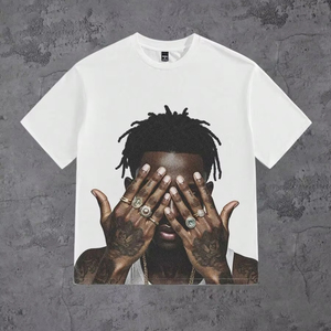 T-shirts surdimensionnés pour hommes, imprimés avec des portraits de tatouages ​​de style street hip-hop - directement de l'usine, personnalisables.F10 - Product Image 1
