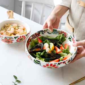 Bol en céramique pour dîner riz fruits légumes, salade, soupe petit déjeuner nouilles, Ramen gâteaux mélangeur service, couverts à manche en <span class=keywords><strong>bois</strong></span> - Product Image 6