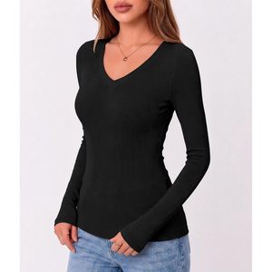 Camiseta de Manga Larga con Cuello en V para Mujer, Tejido Acanalado, Ajustada, Básica, Informal, para Otoño, Suave y Elástica, para Uso Diario - Product Image 5
