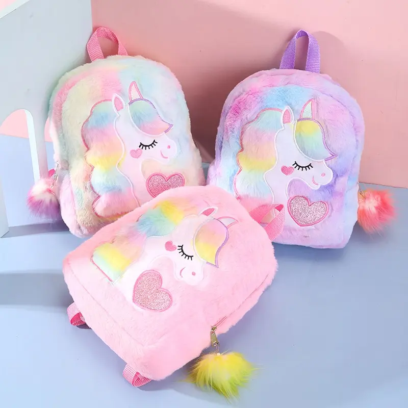 Girls School Bags Kid Animal Rainbow Pink Unicorn Plush Toy Bags Backpack For Amazon Wholesale