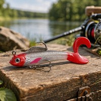 Señuelo de Pesca Suave con Cola Rizada Roja y Cabeza Plomada - Swimbait para Lubina de Agua Dulce