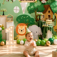 Set Dekorasi Pesta Safari Hutan, Papan Latar Tema Hutan, Kit Balon, Papan Busa KT Daur Ulang, Cetak Digital untuk Ulang Tahun ke-1