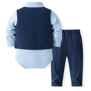 Catpapa Vente en gros Ensemble 4 pièces <span class=keywords><strong>pour</strong></span> bébés garçons : Barboteuse bleu clair, Gilet rayé marine, Pantalon et Nœud papillon – Tenue de cérémonie - Product Image 2