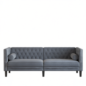 Divano Chesterfield Grigio Scuro in Velluto con Schienale Trapuntato a Tre Posti per Soggiorno - Product Image 1