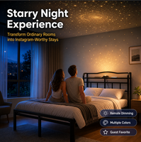 Lit plateforme moderne en métal noir taille Queen avec projecteur d'étoiles LED, tête de lit avec chargeur USB et télécommande
