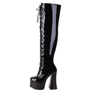 Patent Black Warm Comfortable High Heel Shoes Chunky Heel Platform Women Over the Knee <b>Boots</b> Front Lace-up Size Zipper - Product Image 6