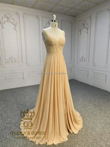 Vestido de Noche de Gasa con Corte en A Color Champán QUEENSGOWN, Vestido de Fiesta de Verano Elegante con Escote en V Sexy y Encaje con Cuentas - Product Image 3