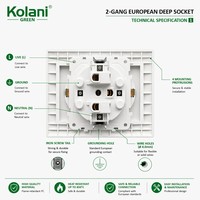 Prise murale double Schuko Kolani norme UE 2 profonde, blanc brillant, ignifuge, avec clip de terre en PC, prise murale ronde de sécurité