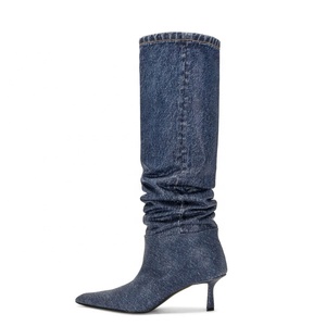 Women Loose Knee High Boots 6.5cm Low Thin Heels <b>Long</b> Booties Denim High-Heeled Ladies Glitter Stiletto Pumps Shoes - Product Image 4