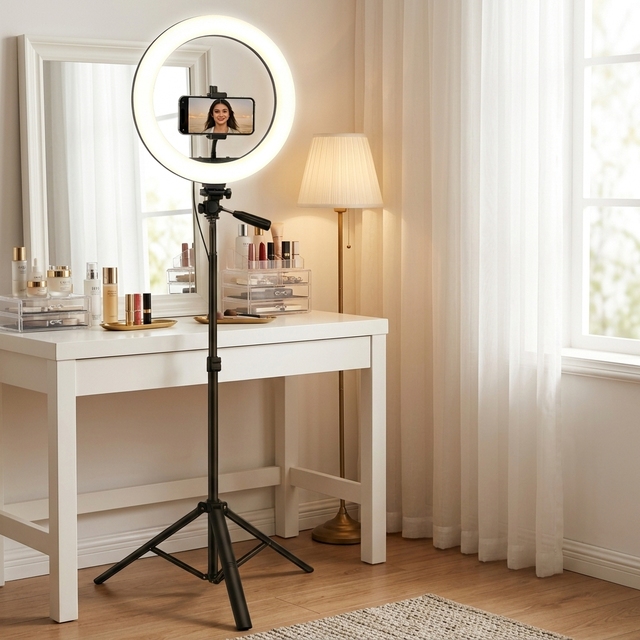 Portable Foldable Ring Light Stand with Phone Holder, Dimmable Live Stream Tripod for Travel Vlog TikTok YouTube Remote Work