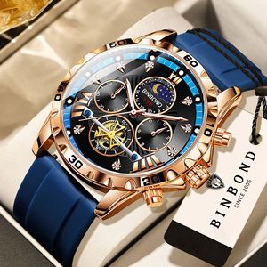 Binbond Men's Mechanical Watch 30M Waterproof Chronograph Moon Phase Luminous Blue Strap Multifunctional Watch - Product Image 1