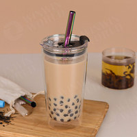 Gobelet en verre borosilicate haut de gamme pour boissons froides, jus, avec couvercle et paille, épaissi, transparent, pour thé au lait, cola
