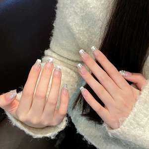 Conception #1763 fait à la main paillettes argent nu Style français couverture complète mariée <span class=keywords><strong>mariage</strong></span> court cercueil presse sur bling ongles diamant ongles - Product Image 4