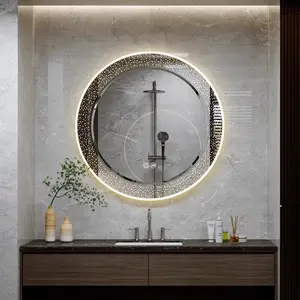 Grand miroir mural rond à rétroéclairage intelligent LED Gravure laser Anti-buée Miroir de salle de bain Modélisation créative