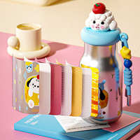 Bouteille d'eau portable à motif animalier mignon 500 ml, gourde isotherme à double paroi en acier inoxydable 304 avec paille et sangle