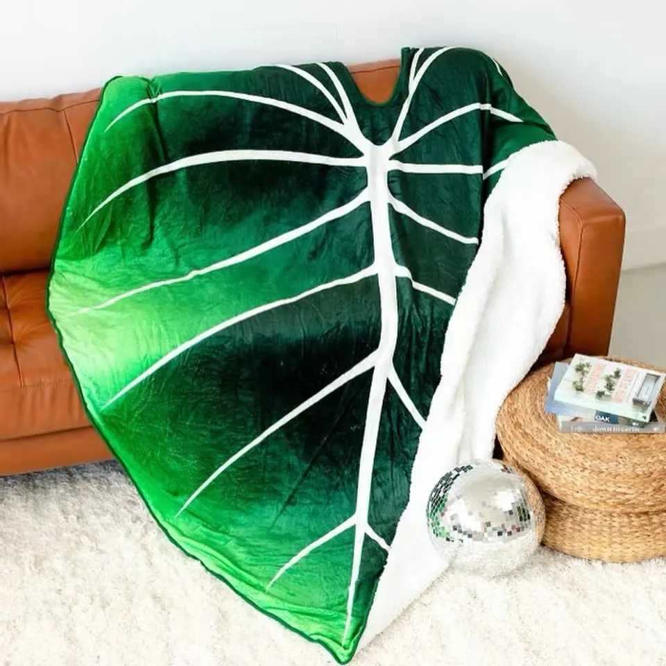 Super Soft Green Plant Gloriosum Printed Leaves Shaped Blanket Fleece Giant Leaf Blanket