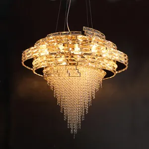 Özelleştirilmiş paslanmaz çelik donanım k9 kristal avize yuvarlak vintage püskül altın otel lobisinde kolye ışık