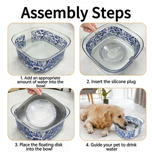 Bol à eau flottant pour chien en <span class=keywords><strong>porcelaine</strong></span> bleue et blanche <span class=keywords><strong>de</strong></span> style chinois 2L, bol anti-éclaboussures pour chien avec disque flottant - Product Image 5
