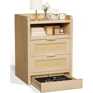 Mesa de Noche de Ratán Faesun con 3 Cajones y Compartimento Oculto, Mesa Auxiliar Boho Moderna con Almacenamiento, Tapa de Madera y Tiradores Metálicos - Product Image 1