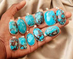 Turquoise <b>Necklace</b> with <b>Boho</b> Style Silver Overlay Magnesite Pendant Handmade Rhodium and Gold Plated Bezel Setting Inlay - Product Image 2