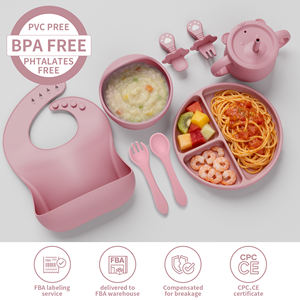 Vente en gros de vaisselle d'apprentissage sans BPA, assiette, bol, bavoir, gobelet à bec, gobelet à collation, sevrage, ensemble d'alimentation pour bébé en silicone 8 pièces - Product Image 1