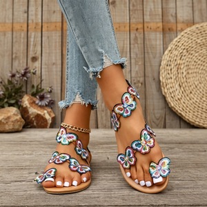 Women Colorful Butterfly Decor Flat <b>Sandals</b> <b>Elastic</b> Ankle Strap Open Toe Summer Beach Ladies Casual Shoes - Product Image 2