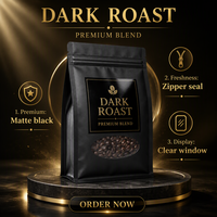 Sachet refermable personnalisé avec fenêtre pour l'emballage de café torréfié foncé en grains entiers, mélange premium