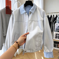 Jaket Denim Pria Custom Warna Terang Kerah Kontras Manset Resleting Penuh Kancing Model Crop Oversize Streetwear Pabrik Garmen OEM ODM