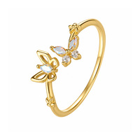 Anillo Abierto Glowluxe con Mariposa, Detalles Iridiscentes, Plata de Ley 925, Tono Dorado, Joyería Botánica Romántica