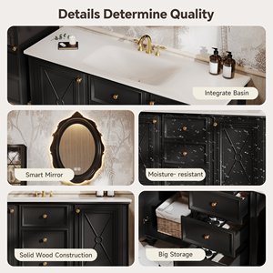 Mueble de Baño de Diseño Francés con Lavabo de Piedra y Espejo Inteligente Antivaho, Mueble de Madera Maciza con Amplio Espacio de Almacenamiento - Product Image 5